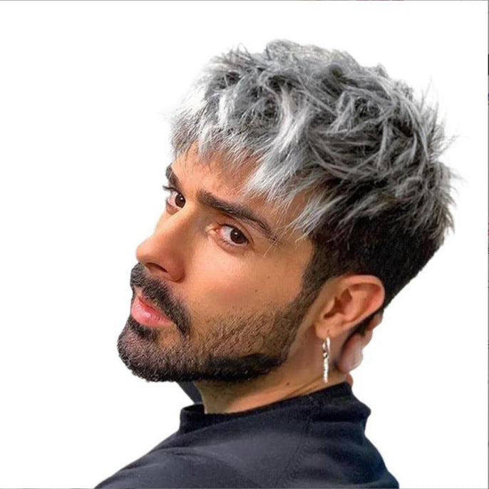New European and American wig, men, silver gray gradient, messy short curly hair, wig cover