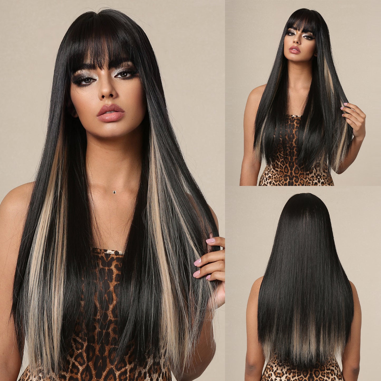 New, neat bangs, gradual gray, long straight hair, chemical fiber, high temperature silk, wig headgear