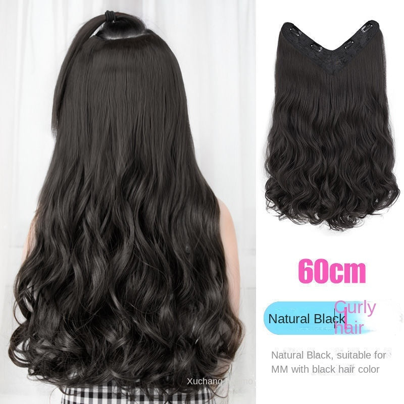 Wig, female long hair, hair extension, one piece, long curly hair, straight hair wig patch, fluffy natural V-shape, wig piece