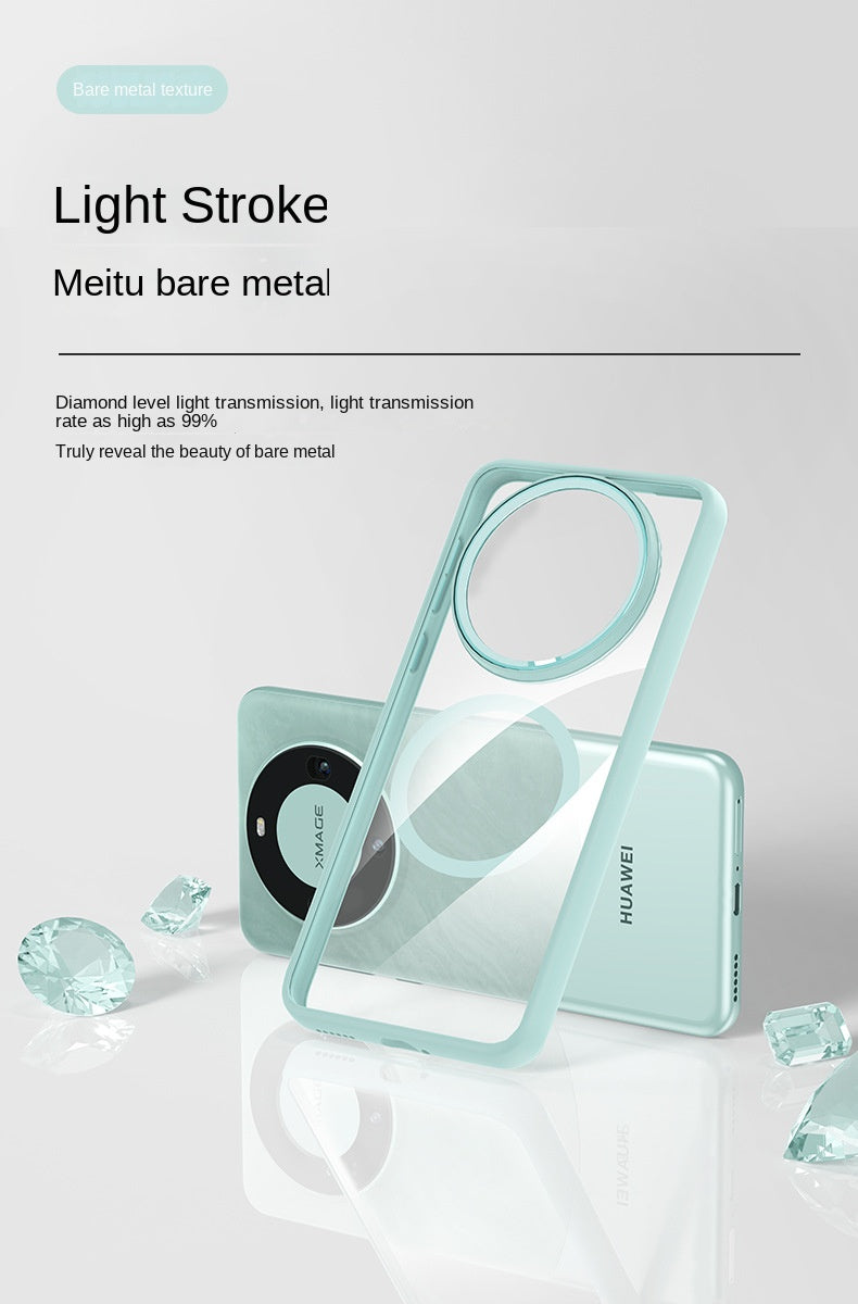 Huawei mate60 protective cover, metal lens ring, transparent shell, full package, mate60pro, magnetic suction phone case