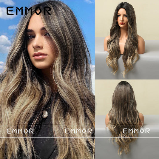 Explosions European and American wigs, women's middle points, gradual dark brown, big waves, long curly hair, high temperature silk headgear