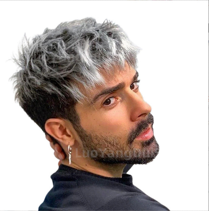 New European and American wig, men, silver gray gradient, messy short curly hair, wig cover